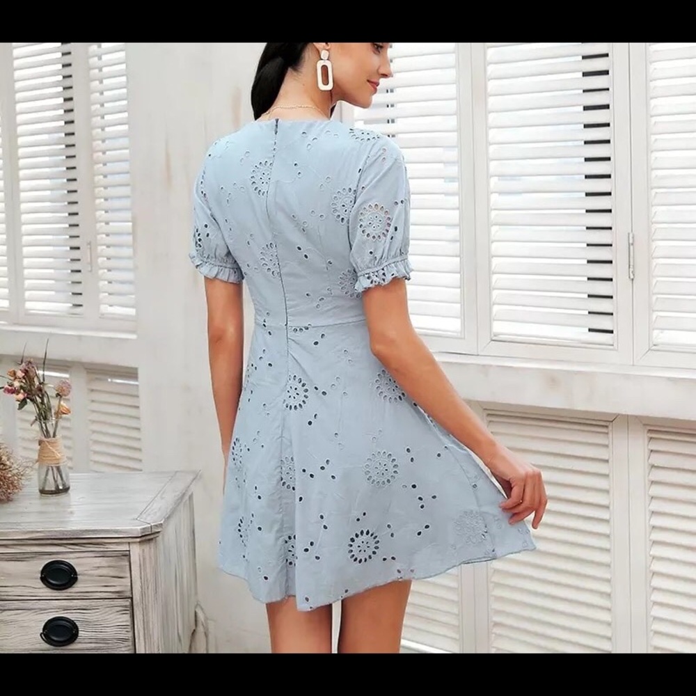 Light Blue Short-Sleeve Embroidered Sundress - Picture 3 of 4